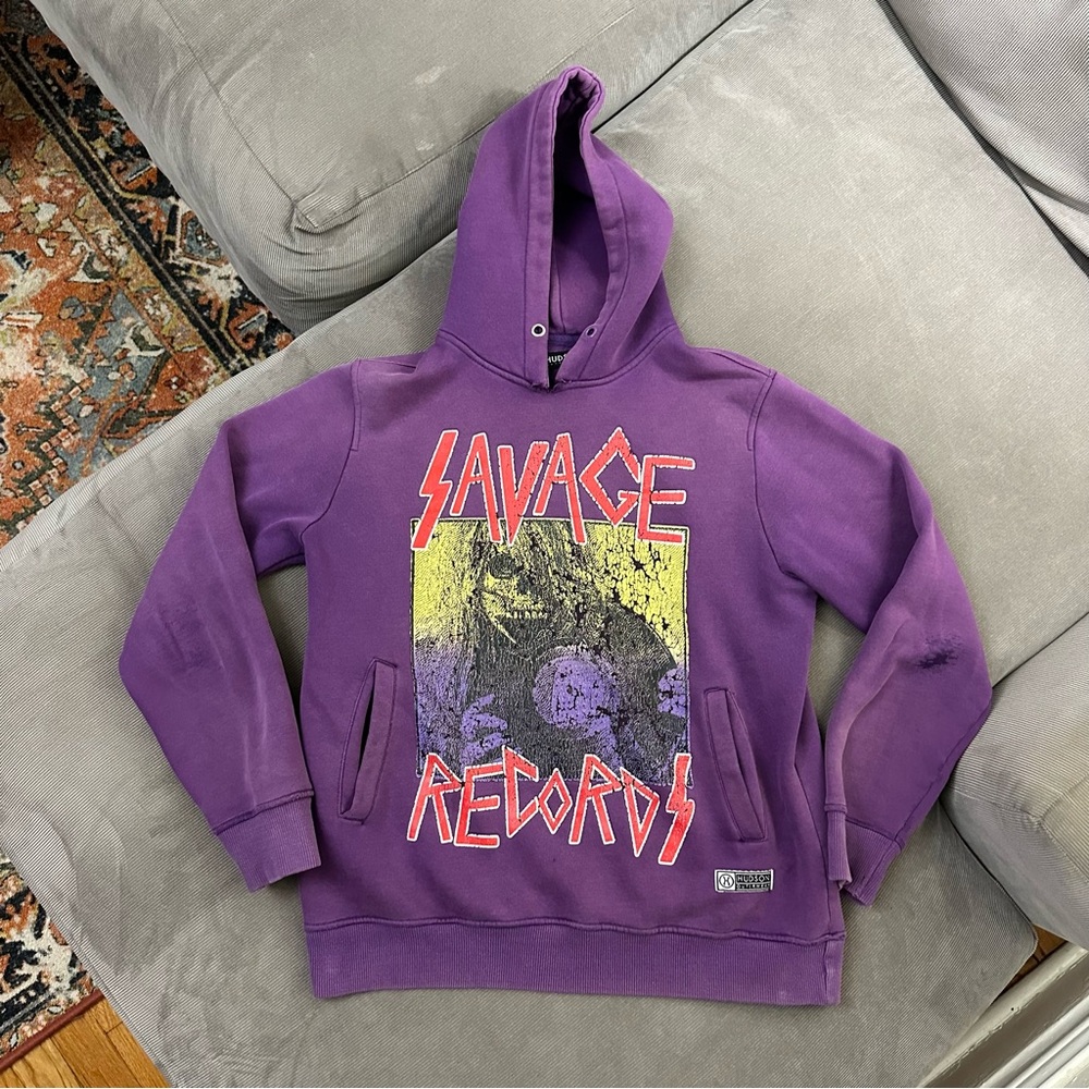 Hudson Outerwear Pullover Hoodie Long Sleeves Size S Savage Records Distressed